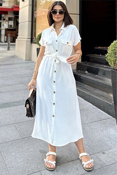 NEW LAVİVA Λευκό κοντό μανίκι, γιακάς πουκάμισου, μονόχρωμο σχέδιο, διπλή τσέπη, ύφασμα Aerobin, μάξι φόρεμα με ζώνη