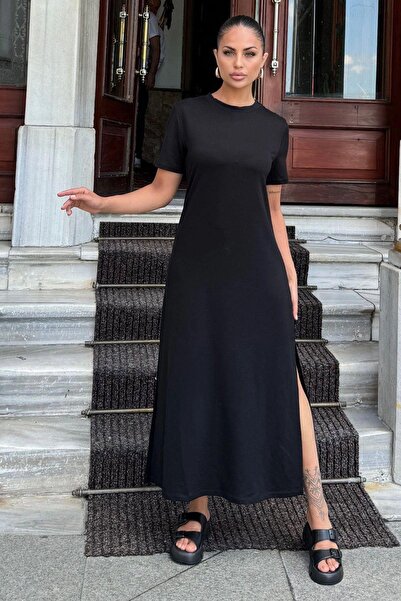 NEW LAVİVA Rochie neagră cu umeri, cu nasturi, cu decolteu, lung, cu dublă fantă