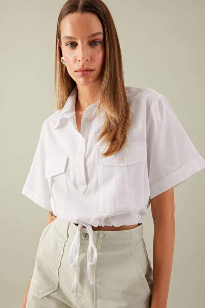 DeFacto Cropped Fit Gömlek Yaka Keten Karışımlı Kısa Kollu Bluz C6812AX24SM
