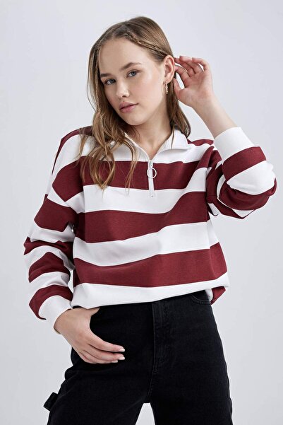 DeFacto Cool Loose Fit Polovičný zips Pruhovaná hrubá látková mikina A4727AX23WN