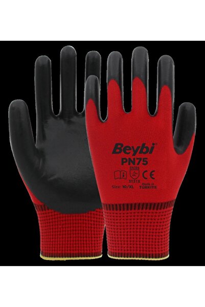 Beybi Pn75 Red Polyester Knitted Nitrile Gloves 12 Pieces