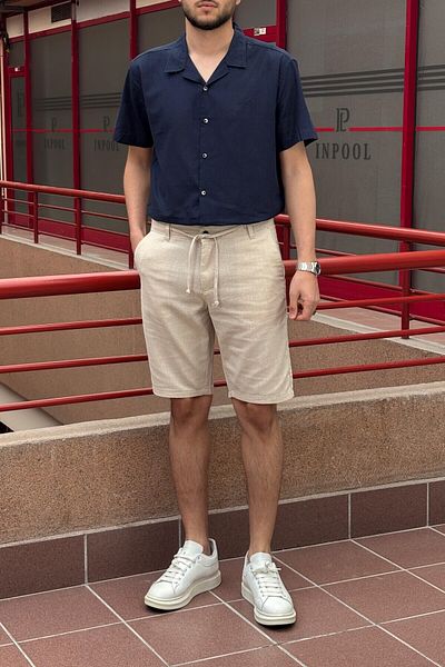 inpool Men's Linen Look Cotton Shorts Adjustable Waist Lace up Old Money Culture