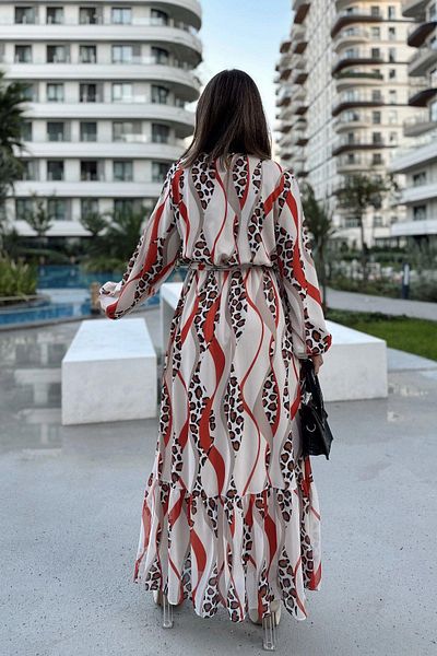 NEW LAVİVA Women's Red & Beige Long Balloon Sleeve, Round Neck, Belted Waist, A-Line, Maxi Dress