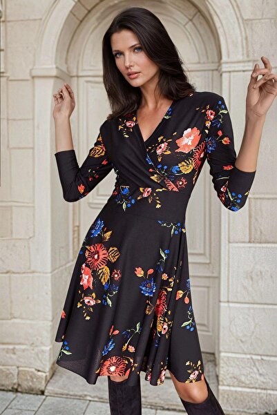 NEW LAVİVA Siyah Kruvaze Yaka, Çiçekli, Uzun Kollu, Mini Elbise