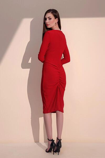 NEW LAVİVA Women's Red Long Sleeve Quality Self Textured Fabric Gathered Back Knee Length Dress