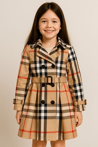 HÇ Hülya Çelik KİDSWEAR 2018 Girl's Checked Trench Coat Raincoat Waterproof Silk Satin Lined