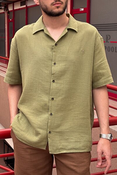 inpool Men'S, Apaş Collar, Oversize, 100% Cotton, Muslin Woven, Short Sleeve Shirt G14