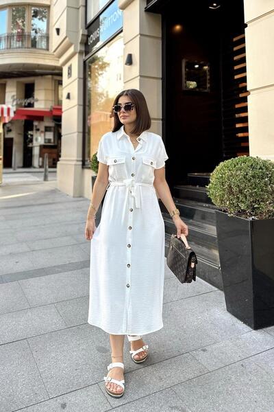 NEW LAVİVA Λευκό κοντό μανίκι, γιακάς πουκάμισου, μονόχρωμο σχέδιο, διπλή τσέπη, ύφασμα Aerobin, μάξι φόρεμα με ζώνη