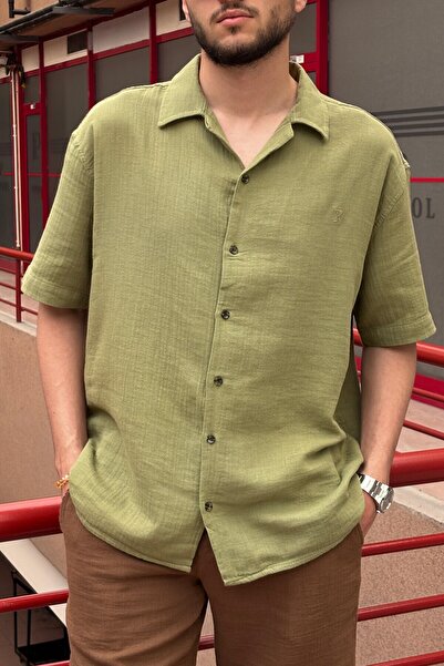 inpool Men'S, Apaş Collar, Oversize, 100% Cotton, Muslin Woven, Short Sleeve Shirt G14