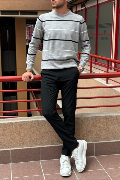 inpool Men's Crew Neck Knitwear Sweater - Stripe Detailed, Standard Fit, Old Money Culture 24Pltk04