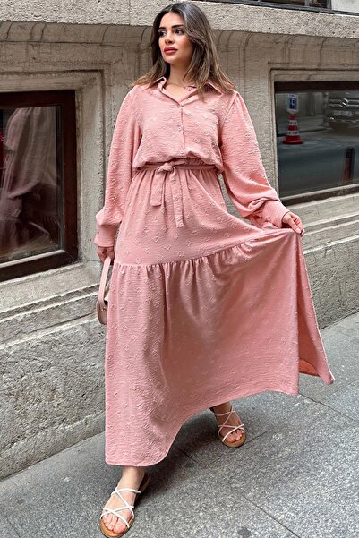 NEW LAVİVA Vintage μάξι φόρεμα σε χρώμα πούδρας - Κατάλληλο για ζώνη στη μέση, μανίκι με μπαλόνι και χιτζάμπ σε γραμμή Α