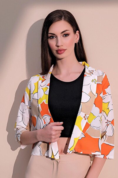 NEW LAVİVA Women's Orange Stylish Patterned Poplin Crop Jacket