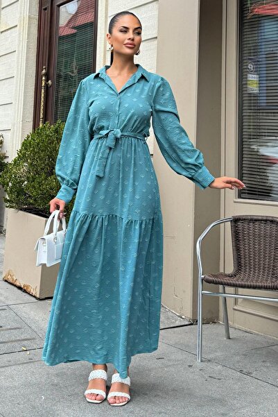 NEW LAVİVA Petrol Blue Vintage Maxi Φόρεμα - Υφή από ύφασμα, Ζώνη στη μέση, Μ...