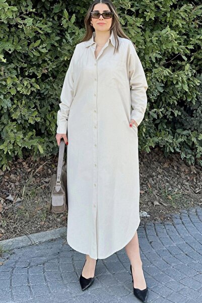 NEW LAVİVA Ecru Poplin Shirt Dress - Long Sleeve, Oval Skirt, Loose and Tall