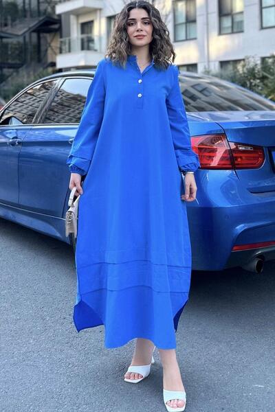 NEW LAVİVA Rochie lungă din țesătură stratificată cu gât înalt și cu mânecă balon - Detaliu lejer și cu cusături