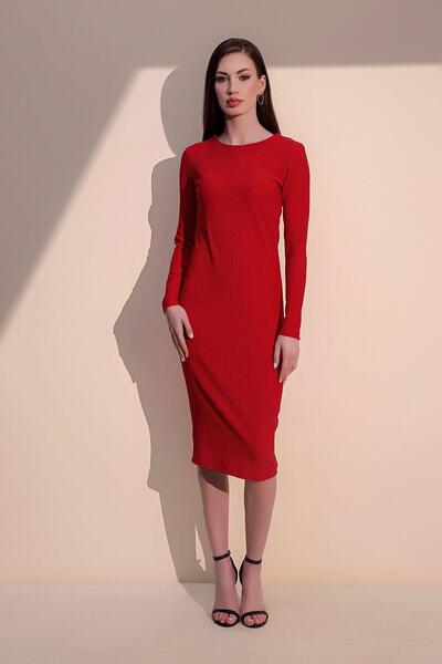 NEW LAVİVA Women's Red Long Sleeve Quality Self Textured Fabric Gathered Back Knee Length Dress