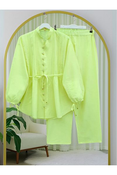 Modamorfo Lapel Lace-Up Buttoned V-Neck Tunic Trousers Set -Yellow