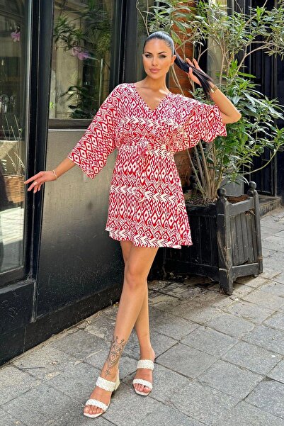 NEW LAVİVA Red Ethnic Patterned Viscose Mini Kimono - Bat Sleeve, Double Breasted Cut Flared Dress