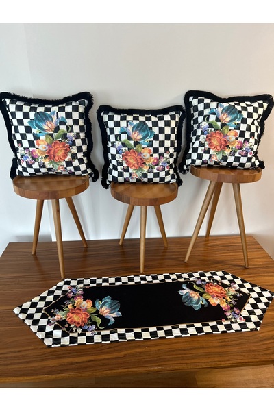 KEDİ Checkered Set Runner and Tassel Pillow Case