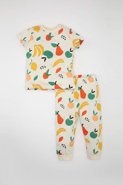 DeFacto Baby Boy Pajamas Set Fruit Pattern Combed Cotton Short Sleeve Top Elastic Waist Long Bottom C1992A524Sm