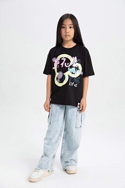 DeFacto Dívčí tričko Disney Mickey & Minnie Oversize Wide Fit Crew Krátký rukáv C5938A824SM