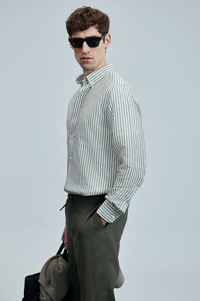 Lufian Bert Men's Linen Cotton Shirt Regular Fit Green