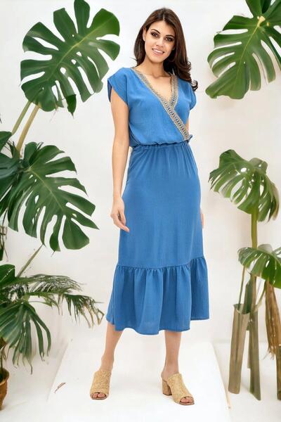 NEW LAVİVA Rochie de damă Indigo, cu două piepteni, cu detalii din paie, cu mâneci scurte, croială normală, lungă, confortabilă și ocazională