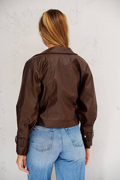İLKCET MODA Balloon Sleeve Brown Oversize Women's Leather Jacket