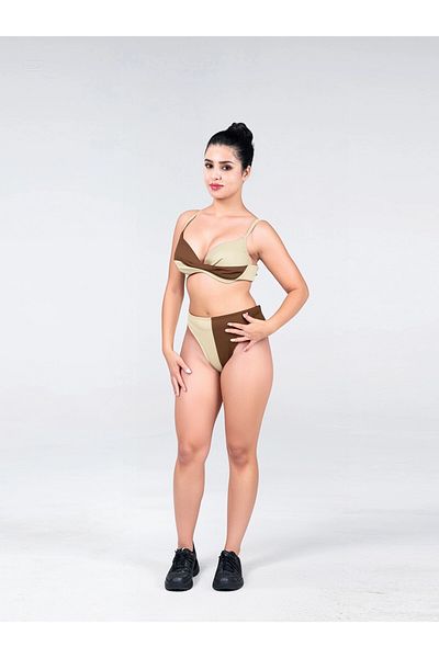 hazelin Set de bikini căptușit cu blocuri de culoare maro crem pentru femei HZL25S-LC214