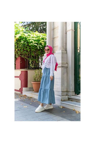 VELLICHOR Gathered-Elastic Waist Denim Skirt Blue
