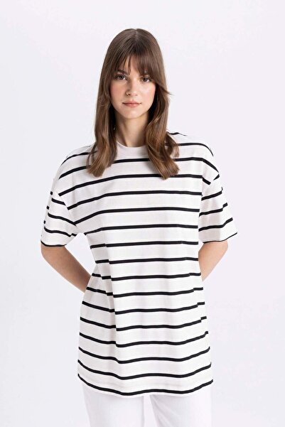 DeFacto Çizgili Bisiklet Yaka Kısa Kollu Tişört Tunik C3967AX24SM