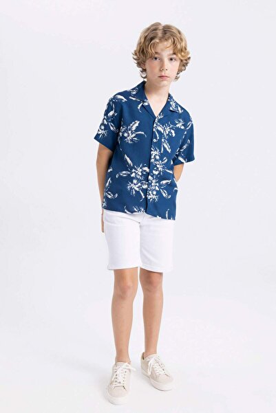 DeFacto Fiú túlméretezett póló nyakú mintás viszkóz rövid ujjú ing C2876A824SM