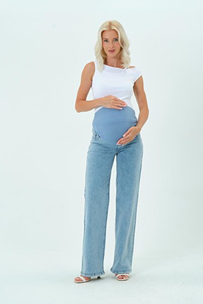 BUSA Terhes körbetekerhető, rugalmas szalagos széles lábszárú farmernadrág, hátsó övvel, világoskék