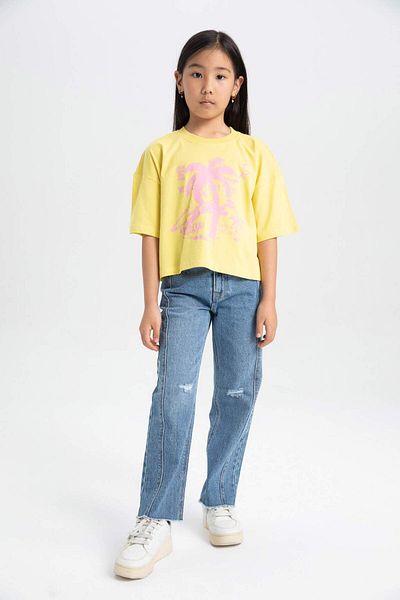 DeFacto Girls' Crew Neck Printed Short Sleeve T-shirt B5172a8yl15-mm