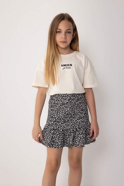 DeFacto Girls' 2-Piece Set Crew Neck Printed Short Sleeve T-Shirt Floral Skirt C5354A824Hs