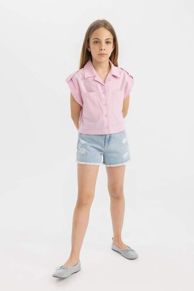 DeFacto Kız Çocuk Cropped Fit Pamuklu Kısa Kollu Gömlek C4554A824SM