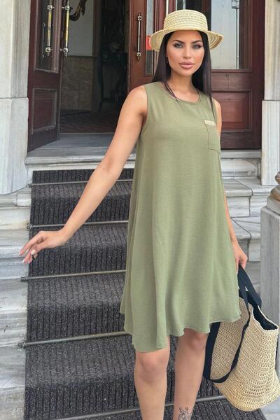 NEW LAVİVA Φόρεμα Khaki Midi Airobin - Ψάθινη τσέπη και λεπτομέρεια με κουμπιά στην πλάτη