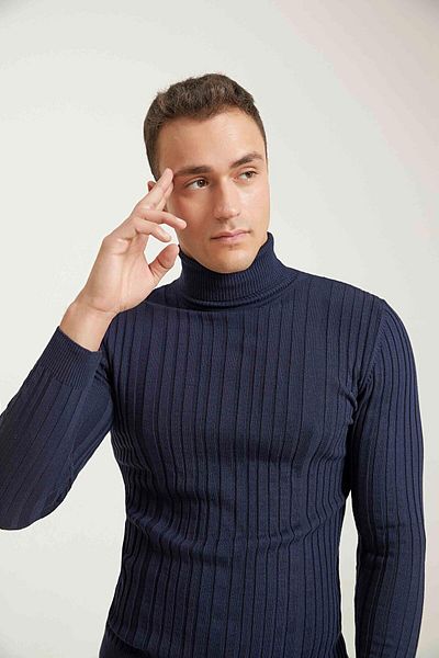 D'S Damat Ds Damat Slim Fit Navy Blue Ribbed Cotton Blend High Neck Knitwear Sweater