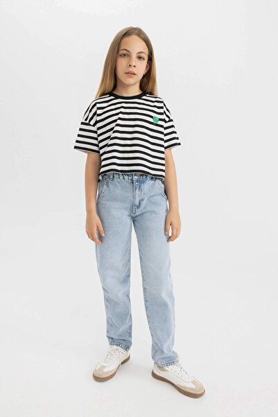 DeFacto Dívčí tričko s krátkým rukávem a proužkovaným výstřihem C5246A824SM