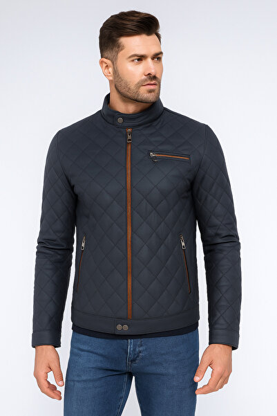 Basics&More Men's Quilted Patterned Navy Blue Taffeta Genuine Leather Coat-Es790