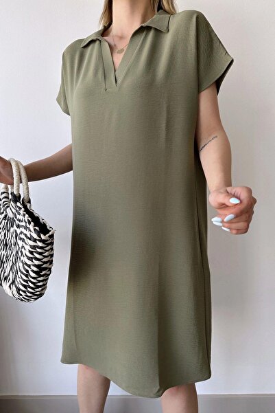 NEW LAVİVA Γυναικείο κοντομάνικο χακί, γιακάς πόλο, μοτίβο με υφή, βασική εφαρμογή/κοπή, άνετο μίντι φόρεμα Aerobin