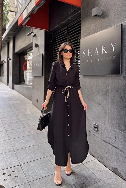 NEW LAVİVA Siyah Katlamalı Uzun Kol, Keten/Airobin Kumaş, Beli Büzgülü, Hasır Kemerli Uzun Gömlek Elbise