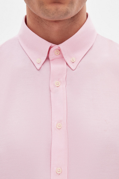 D'S Damat Ds Damat Slim Fit Pembe Armürlü Düğmeli Yaka Pamuklu Gömlek