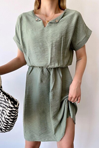 NEW LAVİVA Kadın Haki Kısa Kol, Kalp Yaka, Dokulu Desen, Bele Oturan, Aerobin Lastikli Bel Midi Elbise