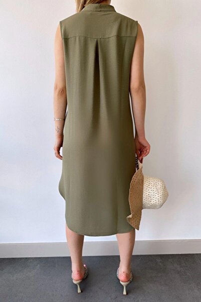 NEW LAVİVA Women's Khaki Sleeveless, Stand Collar, Solid Color Pattern, Single Pocket, A-line Cut, Button Detailed Midi Dress