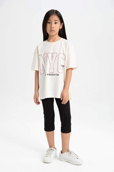 DeFacto Girls' 2-Piece Set of Crew Neck Printed Short-Sleeved T-Shirt and Leggings C7500A824Sm