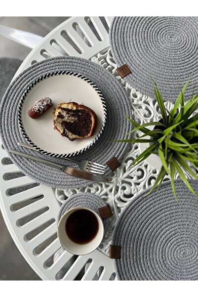 Tropikhome Açık Gri Hasır Supla Amerikan Servis Şık Çeyiz Takımı Örgü Sunum Tabak Altlığı