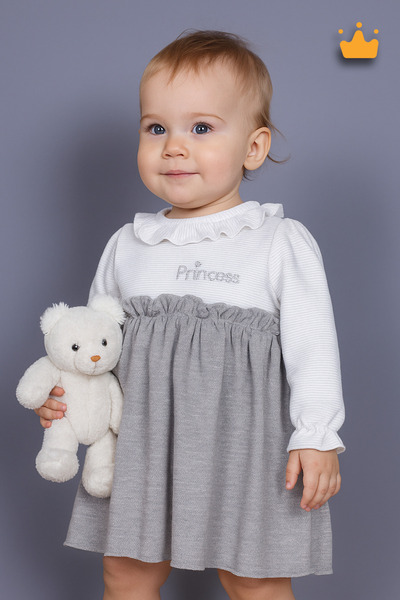 MİNİMONY 3-24 Ay Prenses Yazılı Simli Penye Kız Bebek Bayramlık Elbise Gri 1100