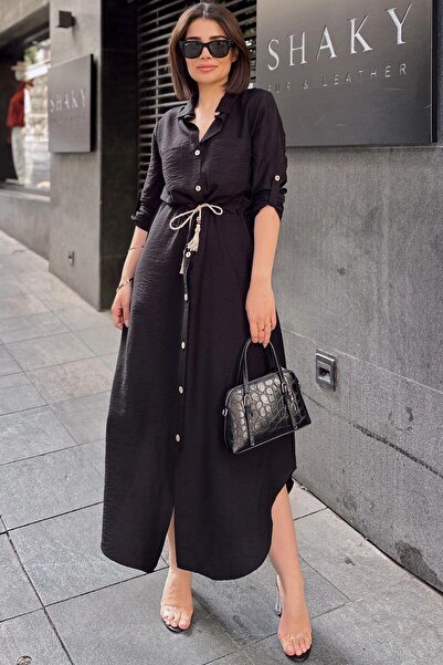 NEW LAVİVA Siyah Katlamalı Uzun Kol, Keten/Airobin Kumaş, Beli Büzgülü, Hasır Kemerli Uzun Gömlek Elbise