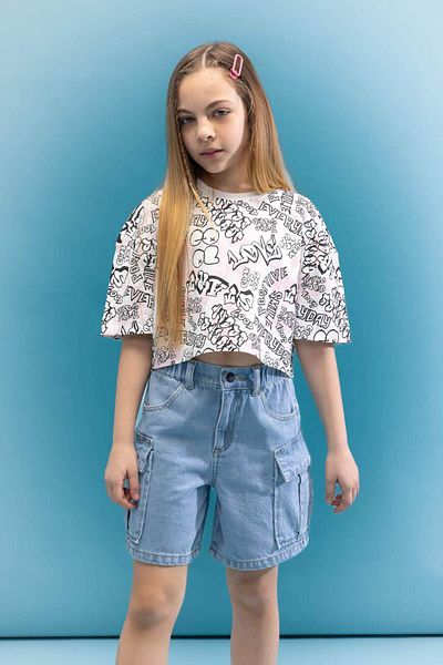 DeFacto Girls' Crew Neck Crop Glow-In-The-Dark Printed Short Sleeve T-Shirt C5463A824Sm